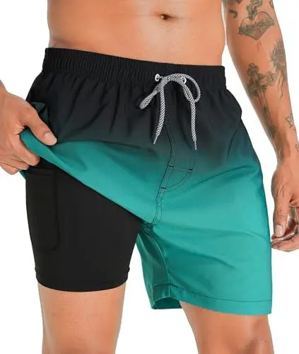 Produktbild: APTRO Herren Badehose Badeshorts Schwimmhose Board Shorts Kurz Schnelltrocknend 2 in 1 Strand Shorts mit InnenhoseGrün MK183 XL