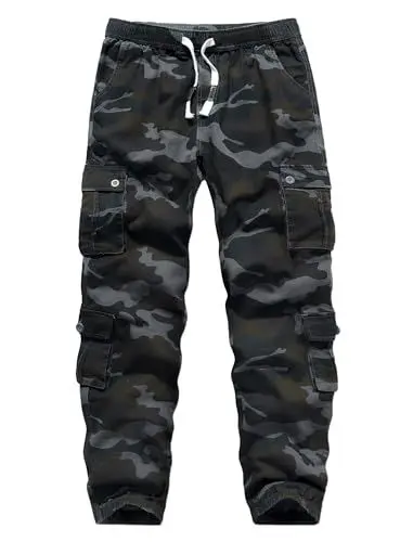 Produktbild: APTRO Herren Cargo Hose Camouflage Hose Elastische Taille Arbeitshose Lange Baumwolle Leichte Hose mit 8 Tachen LT40 Camo Schwarz 2XL