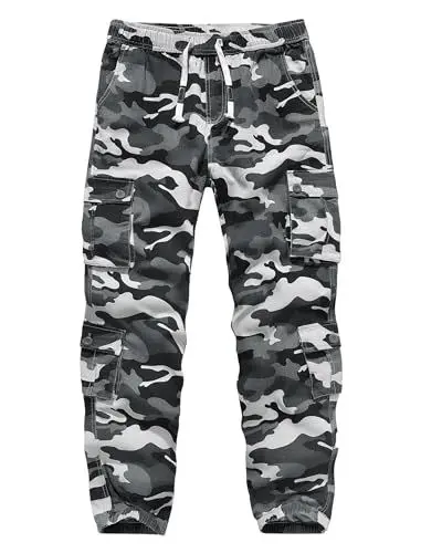 Produktbild: APTRO Herren Cargo Hose Camouflage Hose Elastische Taille Arbeitshose Lange Baumwolle Leichte Hose mit 8 Tachen LT41 Camo Grau M