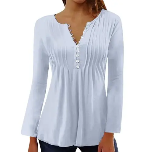 Produktbild: Abendoberteile Frauen Tuniken Frauen De Bluse Damen Cut Rundhals Knopfleiste Vorne Offen Kurzarm Locker Langarm Shirt Top (Beige, S)