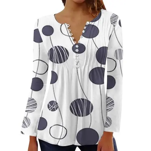 Produktbild: Abendoberteile Frauen Tuniken Frauen De Damen Casual Plissee Rundhals Knopfleiste Vorne Offen Kurzarm Locker Langarm Shirt Top Langes Hemd Damen (White L)
