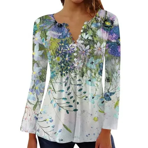 Produktbild: Abendoberteile Frauen Tuniken Frauen De Damen Casual Plissee Rundhals Knopfleiste Vorne Offen Kurzarm Locker Langarm Shirt Top Shirt mit Stehkragen Damen (Green M)