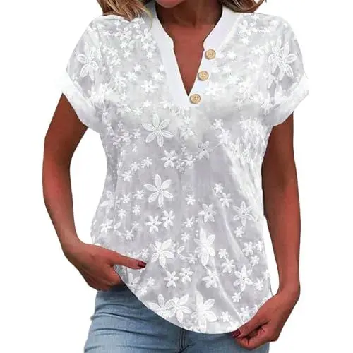 Produktbild: Abendoberteile Frauen Tuniken Frauen De Damen T-Shirt mit V-Ausschnitt und Knopfleiste Kurzärmelig Leinen Oberteil Damen (White XXL)