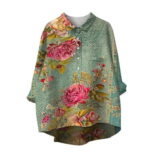 Produktbild: AQ899 Abendoberteile Frauen Tuniken Frauen De Flanell Bluse Damen Damen-Revershals-Langarmhemd Aus Baumwolle und Leinen mit Lässigem Design (Red, XXXL)