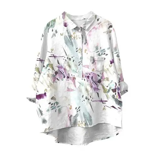 Produktbild: AQ899 Abendoberteile Frauen Tuniken Frauen De Lässiges Langarmhemd Aus Baumwolle Und Lein en mit Blumenmuster für Damen mit Reverskragen Bluse Busin ESS Damen Blau (Purple S)