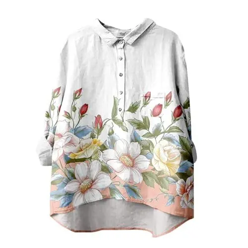Produktbild: AQ899 Abendoberteile Frauen Tuniken Frauen De Lässiges Langarmhemd Aus Baumwolle und Leinen mit Blumenmuster Für Damen mit Reverskragen Business Bluse Damen Stehkragen (Pink XXXL)