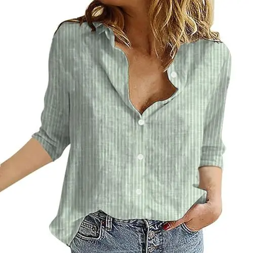 Produktbild: Abendoberteile Frauen Tuniken Frauen De Loose Button Solid Langarm T-Shirt Bluse Tops Langarm Blusen (Green M)