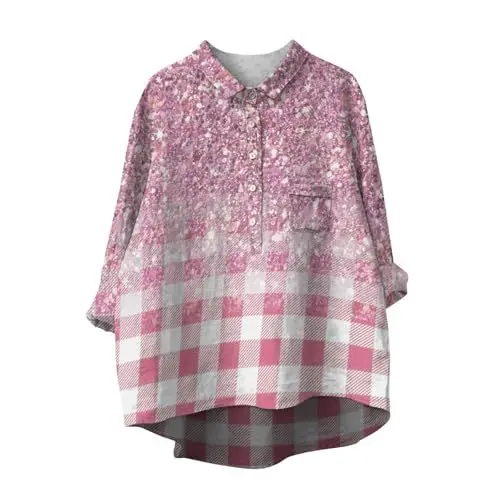 Produktbild: Abendoberteile Frauen Tuniken Frauen De Shirt Bluse Damen Damen-Revershals-Langarmhemd Aus Baumwolle und Leinen mit Lässigem Design (Pink, XXXXXL)