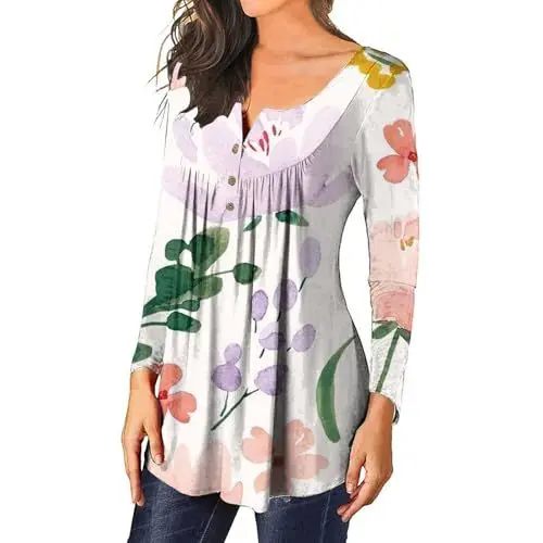 Produktbild: Abendoberteile Frauen Tuniken Frauen De Tunika Für Damen Aufdruck Bauchdeckenstraffung Tunika Lo Tus-Blattform Langärmelige T-Shirts Süßes Fließendes T-Shirt Lässige Elegante Blusen