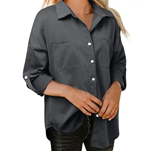 Produktbild: AQ899 Abendoberteile Frauen Tuniken Frauen Uk Western Blusen Damen Lose Jeanshemd Tasche Langarm Freizeithemd Einfarbig Hemd Tops Mantel (Black S)