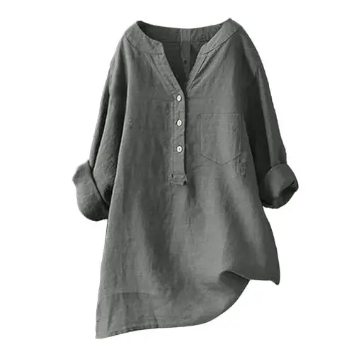 Produktbild: AQ899 Blusen Damen In Übergröße Arbeitskleider Damen In Übergröße Business Oberteil Damen Elegant Einfarbige Langärmlige Hemdbluse Aus Baumwolle mit Stehkragen und Knöpfen Für Damen (Grey XXXXL)