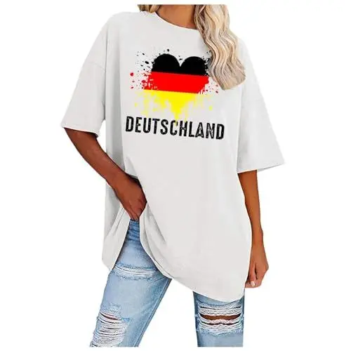 Produktbild: AQ899 Damen-Oberteile Aus Spitze Kurzärmlig Rundhalsausschnitt Sommer Übergröße Rundhalsausschnitt Deutschlandflagge-Aufdruck Lockeres Freizeitoberteil Damen-Strickoberteile Langärmlig (Weiß XL)