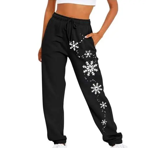 Produktbild: AQ899 Damen Jacken Größe 18 Weihnachtsmode Damenhose Taille Elastisch Lose Hose Schneeflockendruck Freizeithose Seitentaschen Kordelzug Damen Freizeithose Schwarze Hose Damen Elegant