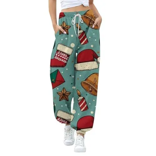 Produktbild: AQ899 Damen Regenmäntel Damen-Freizeithose mit Weihnachtlichem Aufdruck Zum Schnüren Damen Fitness Hose