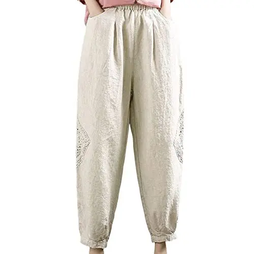 Produktbild: AQ899 Damen Sommerhose Gr. 12 2023 Damen Spitze Patchwork Bestickte Cropped Hose Lose Freizeithose Segelbekleidung Damen Hose