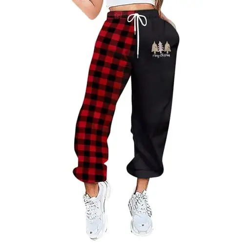 Produktbild: AQ899 Damenjacke Rot Karierte Jogginghose mit Weihnachtlichem Aufdruck, /Winterkleidung Für Damen, Bedruckte Hose mit Elastischem Bund, Gerade Hose, Jogginghose Für Damen Streetwear Hose Damen