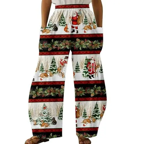 Produktbild: AQ899 Frauen Regenmantel Damen 2023 Frühlings- Und Herbstsaison Bedruckte Weihnachtshose mit Hoher Taille, Lockere, Entspannte Hose mit Weitem Bein Stretch Hose Damen Schwarz 48