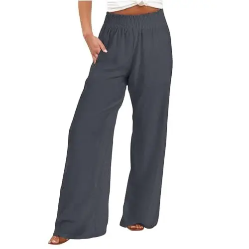 Produktbild: Schwarze Stoffhose Damen Business Stoffhose Damen Palazzo-Hose aus Leinen, weites Bein, hohe Taille, lässige Boho-Hose, Reise-/Urlaubs-Outfits Weite Hosen Damen High Waist Women Pants (Grey, M)