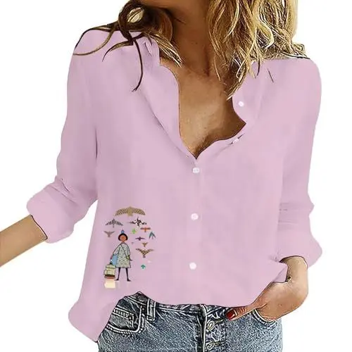 Produktbild: AQ899 Häkeloberteile Frauen Sommerkleidung Frauen In Großbritannien Damen Hemden Blumendruck Button-Down-Hemd Mode Leichte Langarmbluse Frühling Casual Tops Damen Abendmode Bluse (Pink L)