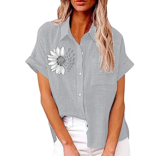Produktbild: AQ899 Häkeloberteile Frauen Sommerkleidung Frauen In Großbritannien Strand Kleidung Lässig, Kurzärmlig, mit Kragen, Arbeitsbluse mit Tasche (Grey, M)