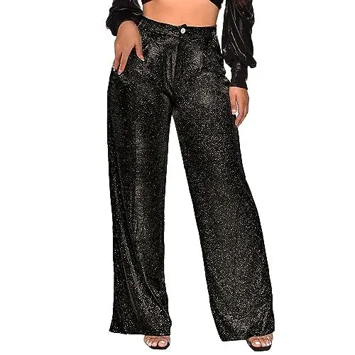 Produktbild: AQ899 Hosen In Großen Größen Für Damen 24-32 Uk Pailletten Party Mode Lässig Hohe Taille Frauen Hosen Retro Breite Bein Hosen Frauen Militär Hose Damen Kinder