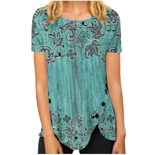 Produktbild: AQ899 Lockeres Kurzarmshirt Sommeroberteile Damen Sommer Rundhals Retro Blumendruck Unregelmäßiger Saum Lockeres Freizeitoberteil Bluse Teen (Mintgrün XL)