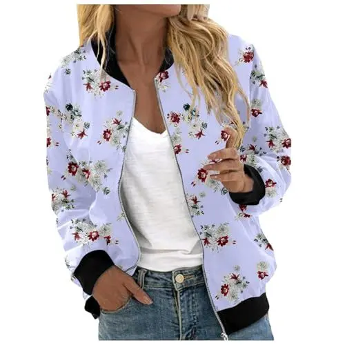Produktbild: AQ899 Schößchen-Tops Damen Langärmlige Tops Damen De Weisen Damen Blusen Zip Up Blumendruck Mantel Oberbekleidung Leichte Langarm Workout Laufjacke (Light Blue, S)