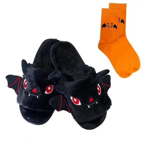 Produktbild: AQ899 Unisex-Hausschuhe, niedliche -Fledermaus-Plüsch-Hausschuhe, Halloween- drinnen und draußen Schuhe Glitzer Damen (BK4, 44)