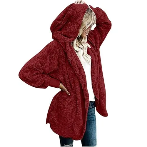 Produktbild: AQ899 Wanderbekleidung Frauen Damenbekleidung Skihose Gr. 50 Damen Damen Casual Splice Mantel Winter Warm Offene Vorderseite Mit Taschen Mit Kapuze Strickjacke (Red XXXXXL)