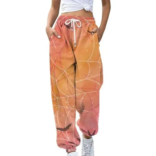 Produktbild: AQ899 Wasserdichter Mantel In Übergröße Halloween Mode Frauen Lose Atmungsaktive Casual Hosen Fledermaus Drucken Seitentaschen Kordelzug Damen Casual Hosen Musselin Hose Damen