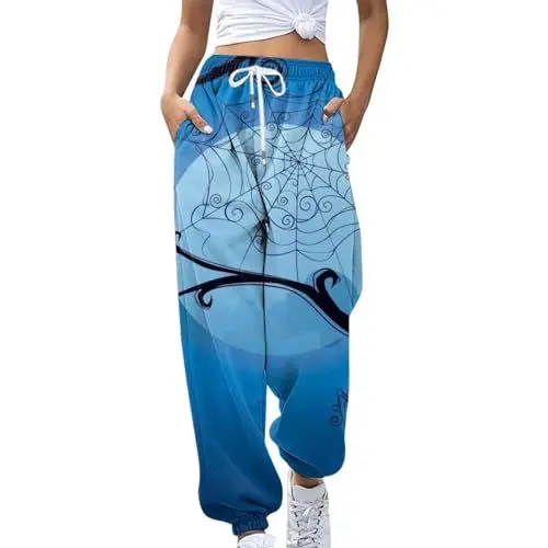Produktbild: AQ899 Wasserdichter Mantel mit Kapuze Halloween Mode Frauen Lose Atmungsaktive Casual Hosen Fledermaus Drucken Seitentaschen Kordelzug Damen Casual Hosen Hose Damen Stretch Muster