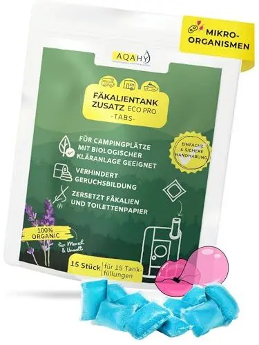 Produktbild: AQAHY Camping Toiletten Zusatz Tabs ECO Pro – mikrobiologische Camping WC Tabs - effektiver Chemietoilette Tabs entfernt unangenehme Gerüche - made in DE