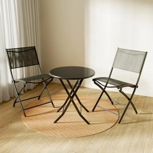 Produktbild: Aqkgtj Stilvolles klappbares Bistrotisch-Set mit 2 Klappstühlen, Gartenmöbel-Set, gewebt, Balkonmöbel Klapp-Möbel, wetterfest, schwarz