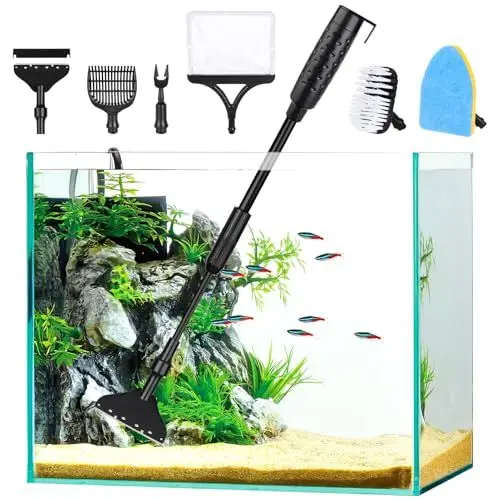 Produktbild: AQQA Aquarium-Reinigungsset,6-in-1 Aquarium Reinigung mit Schwamm Reinigungsbürste,Algenschaber,Fischnetz,Kies Sandrake,Pflanzengabel,Aquarienreiniger,Fish Tank Reiniger Set