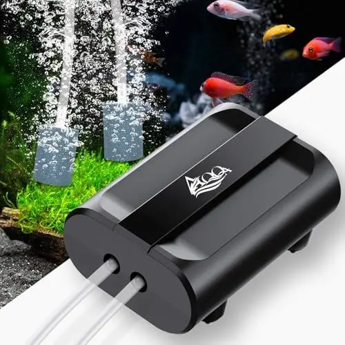 Produktbild: AQQA Aquarium Luftpumpe,Einstellbar Aquarium Sauerstoffpumpe mit 2 Luftauslässen,5W Ultra Leise Aquariums Luftpumpe mit komplett Zubehör,bis zu 800L