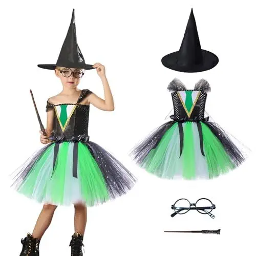 Produktbild: AQRTPXU Zauberer Kostüm, Harry Kostüm Kinder Puffy Dress für Mädchen mit Zauberstab Brille Zauberhut, Halloween Zauberer Kostüm für Cosplay Karneval Verkleidung Party Magier