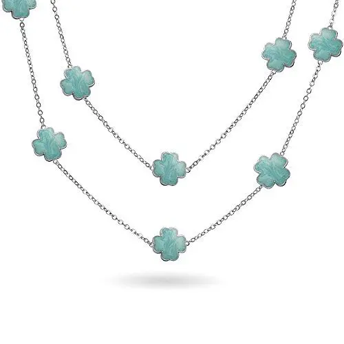 Produktbild: Aqua Blue Flower Long Silver Vergoldet Pearlized Emaille Bahnhof Kette Wrap Layer Clieber Halskette Für Frauen 40 Zoll
