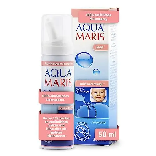 Produktbild: Aqua Maris Baby 50ml, 100% natürlich, Meerwasser Nasenspray für eine verstopfte Nase - Nasenspülsalz , Salzlösung die für Kinder geeignet ist , Nebenhöhlenspülung , Babypflegeset für Erkältungen
