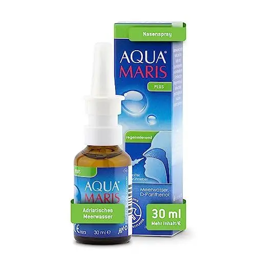 Produktbild: Aqua Maris Plus 30 ml mit Dexpanthenol – Meersalz Nasenspray zur Nasenspülung, hilft bei Erkältung, Heuschnupfen und Allergie, das rezeptfreie Nasenspray ist für Kinder und Erwachsene geeignet