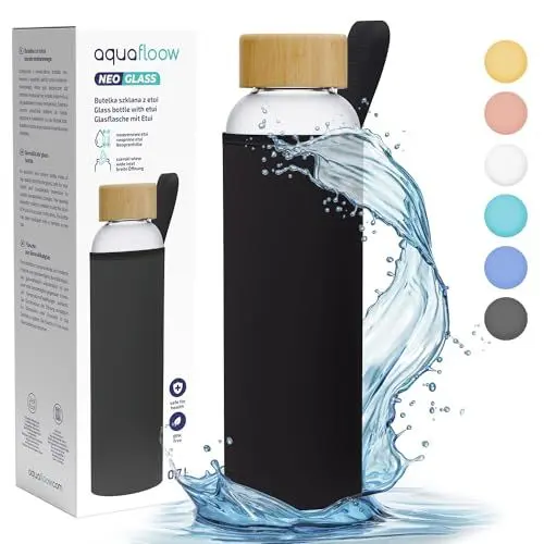 Produktbild: Aquafloow Wasserflasche aus Borosilikat Glas 700 ml mit Neoprenhülle, Transparente trinkflasche Glas mit Bambusdeckel | Ideal für Büro, Outdoor, Schule, für Kohlensäurehaltige Getränke – Schwarz