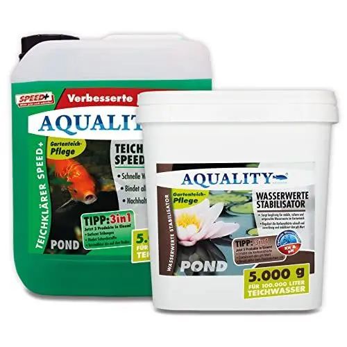 Produktbild: AQUALITY Klarwasser Teichpflege-Komplettset (Set mit Teichklärer und Wasserwerte Stabilisator für einen klaren Gartenteich, nachhaltige Wirkung), Inhalt:100.000 Liter