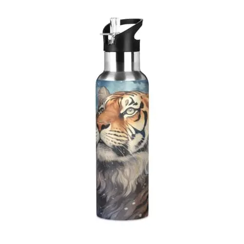Produktbild: Aquarell Schneetier Tiger Trinkflasche Wasserflasche mit Strohhalm, Thermosflasche Vakuumisolierte aus Edelstahl 18/8, BPA-frei für Kinder Sport Wandern Schule (600ml/1L)