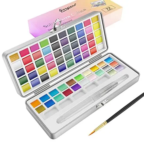 Produktbild: rokrist Aquarell Malerei, 72 Aquarellfarben Set mit 24 metallischen Farben, 2 Pinsel, perfektes Aquarellfarben Set für Anfänger und Profis