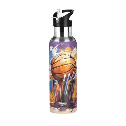 Produktbild: Aquarellkunstschule Basketball Trinkflasche Wasserflasche mit Strohhalm, Thermosflasche Vakuumisolierte aus Edelstahl 18/8, BPA-frei für Kinder Sport Wandern Schule (600ml/1L)