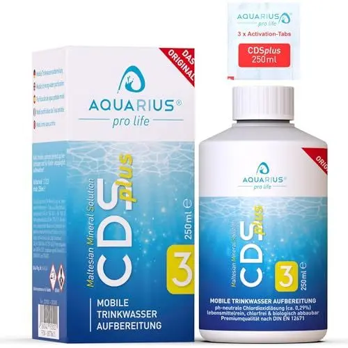 Produktbild: Aquarius pro Life ® - CDSplus 250 ml - patentierte Chlordioxid Lösung für die Trinkwasserreinigung I Idealer Belgeiter für Camping & Urlaub I CDL Tropfen I Auf Wunsch aktivierbar I Das Original