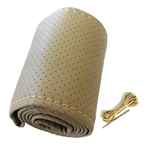 Produktbild: Auto Leder Lenkradbezug, Universal-Auto-Lenkradbezug, Handnähen, Perforiertes Mikrofaser-Leder-Lenkradbezug für 38 cm Durchmesser (Beige)