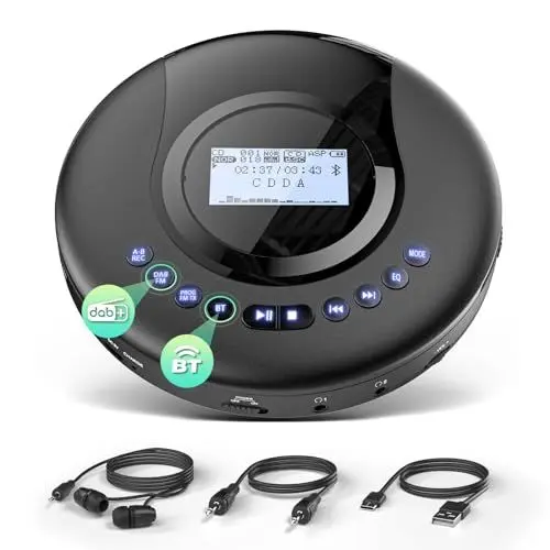 Produktbild: Arafuna Tragbarer CD-Player mit DAB+/UKW- Radio, CD Player Bluetooth mit Hörbuchfunktion, Discman CD Player für Auto, Antishock, integrierter Akku 2000mAH