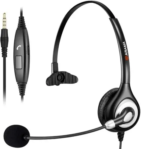 Produktbild: Arama Headset Handy mit Mikrofon Noise Cancelling & Lautstärkeregler, 3,5mm Klinke Headset Telefon für FritzFon C6 C5 iPhone Samsung Tablet Computer Anrufe Online Business Konferenzen Teams Meetings