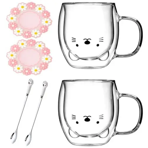 Produktbild: Arawat 2 Set Katzen Tasse Glas Doppelwandige Gläser Katze mit Henkel Kaffeetasse mit Löffel & Untersetzer Kaffeebecher Tassen Trinkgläser Katze Gläser Teetasse Espressotassen Geschenk für Weihnachten