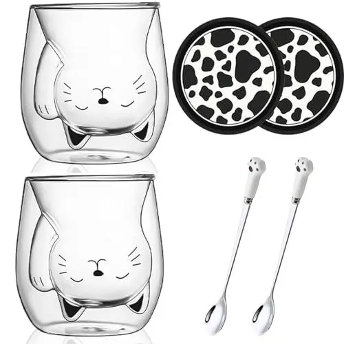 Produktbild: Arawat 2 Set Katzen Tasse Glas Doppelwandige Gläser mit Henkel Katze Geschenk für Frauen Kaffeetasse mit Löffel & Untersetzer Kaffeebecher Tassen Trinkgläser Katze Gläser Teetasse Espressotassen
